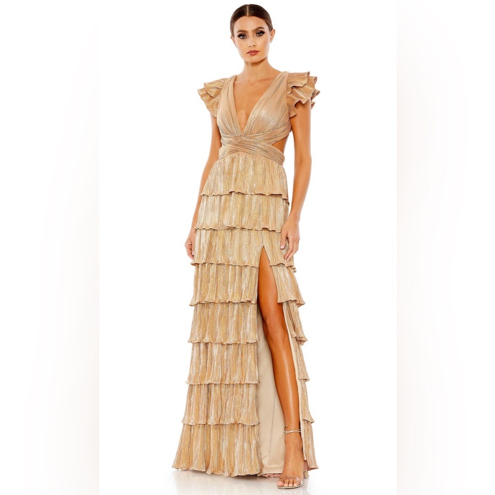 Mac Duggal Tan High Low Gown With Ruffled Tiers